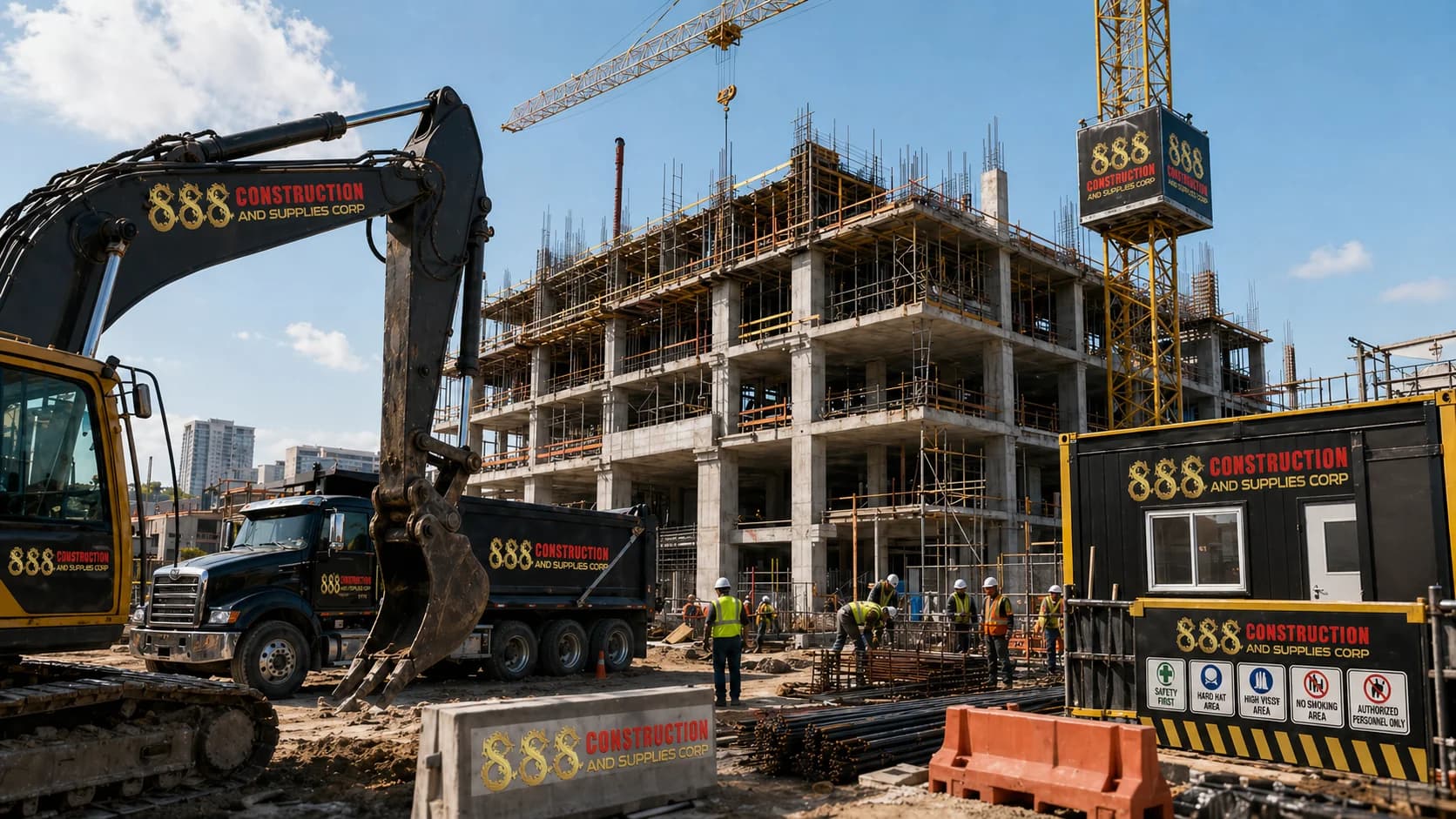 888 Construction equipment and cranes at an active building site